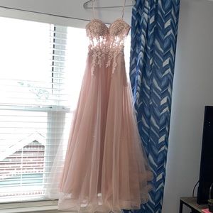 rose gold, mesh prom dress